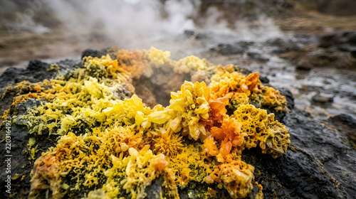 Bright yellow and orange lichen growing on dark rock surface