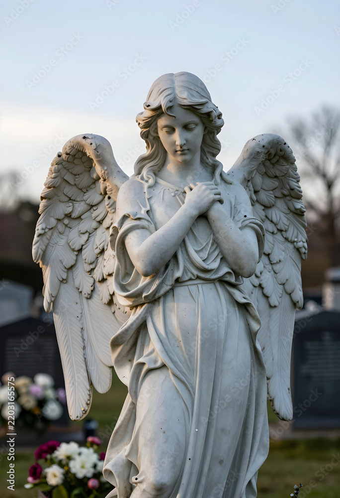 Fototapeta premium Grief and mourning concept stone angel statue with folded hands in a cemetery for funeral services remembrance and loss of a loved one at sunset