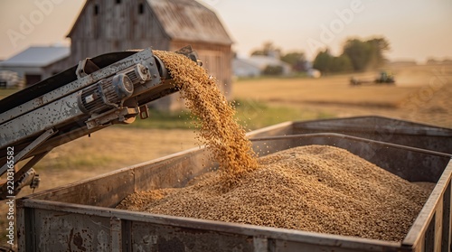 Golden grain pouring from conveyor belt into agricultural trailer at farm