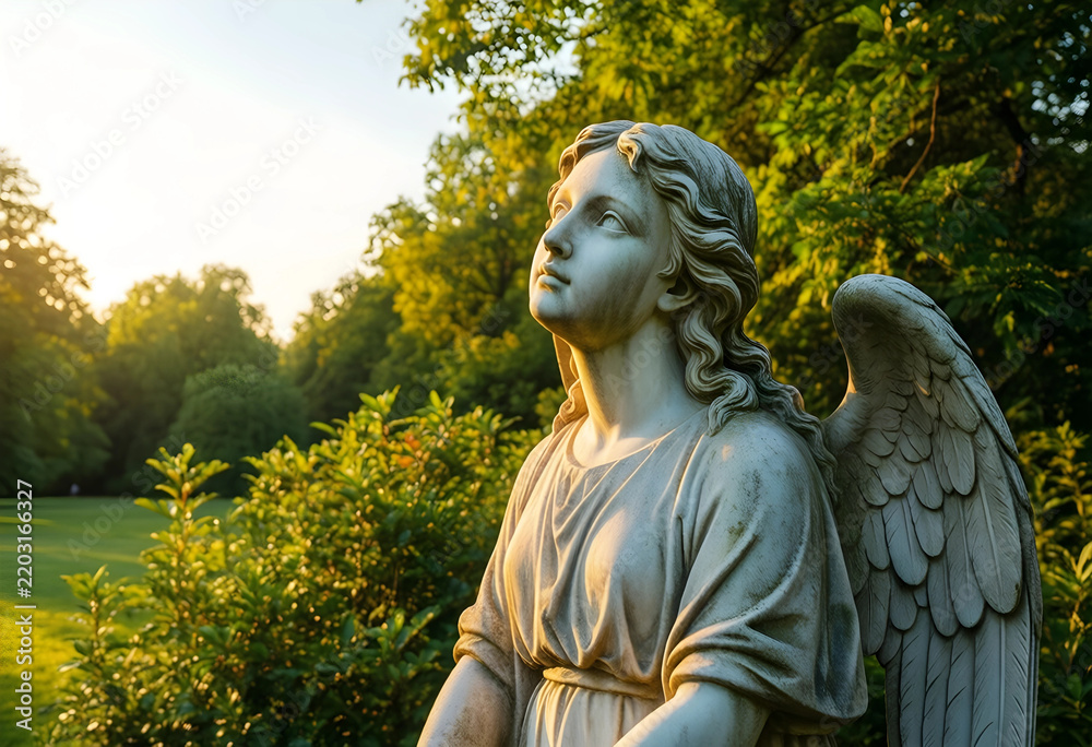 Fototapeta premium Spirituality and peace, stone angel statue in a serene garden at sunset with soft golden light and lush green trees in the background for reflection