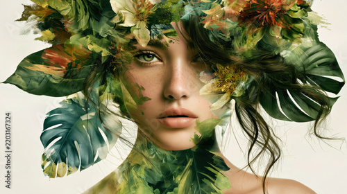 Woman looking forward through lush tropical leaves and flowers in a green botanical fashion portrait.