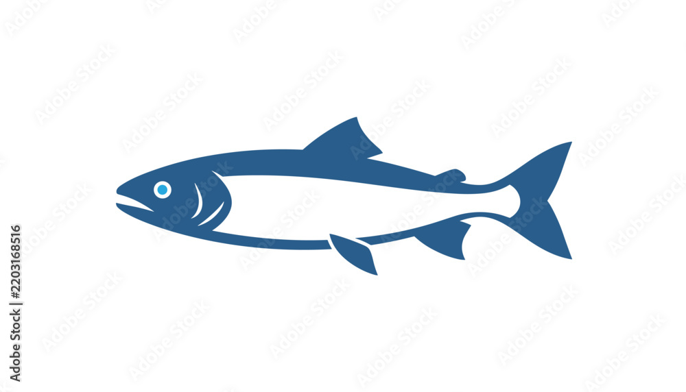 Obraz premium Stylized blue fish icon with elegant fins and distinct eye detail representing marine life, seafood, and fishing themes.
