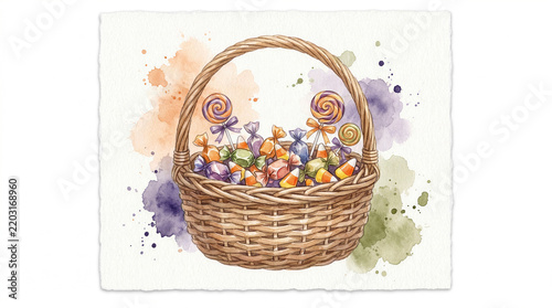 Watercolor Halloween Candy Basket with Sweets Isolated on White Background
