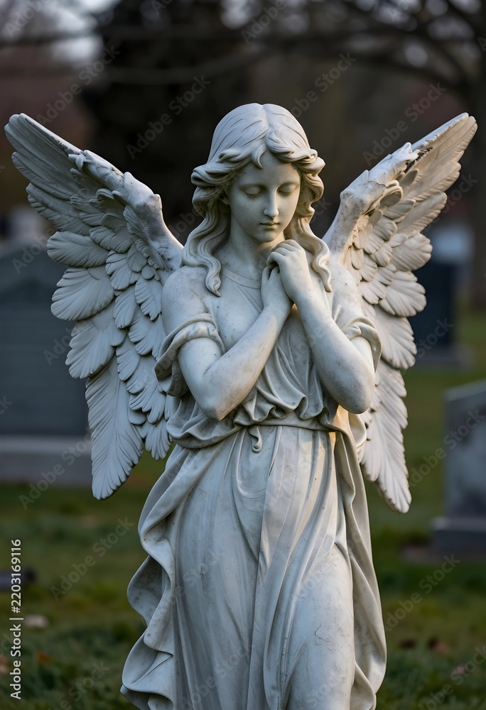 Obraz premium Grief and mourning concept, stone angel statue with praying hands in a cemetery, peaceful memorial for loss and remembrance in a quiet graveyard