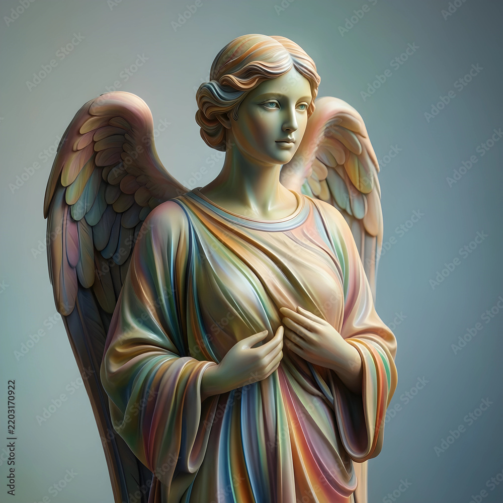 Fototapeta premium Spirituality and peace concept, ethereal angel statue with iridescent wings and soft pastel colors for religious or meditation and mindfulness themes