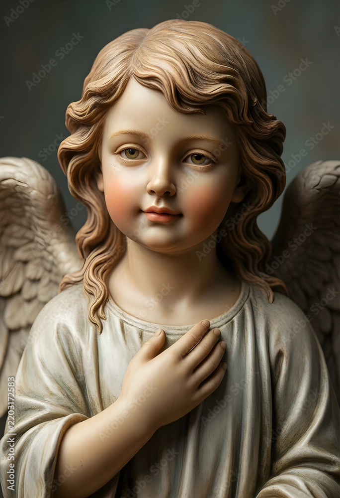Fototapeta premium Spirituality and faith cherub angel statue with hand on heart for religious peace hope and divine protection in a serene and contemplative atmosphere