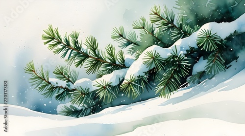 Snowy pine branch in a serene winter watercolor landscape.