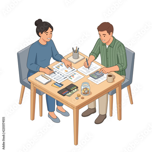 Couple managing family budget, calculating bills and organizing financial documents at home