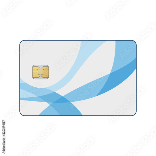 Blank credit card with smart microchip and blue wave design isolated on white background