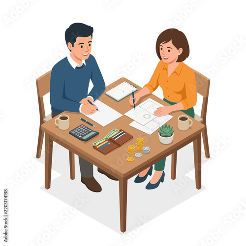 Couple Planning Their Budget and Managing Personal Finances Together at a Table with Calculator and Documents