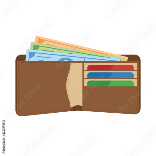 Brown leather wallet filled with paper money cash banknotes and credit cards isolated on white background illustration