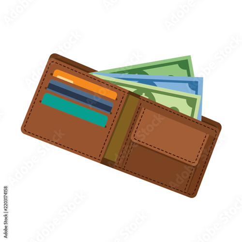 Brown Leather Wallet Icon Featuring Paper Money and Bank Cards for Financial Savings and Personal Budgeting Concept