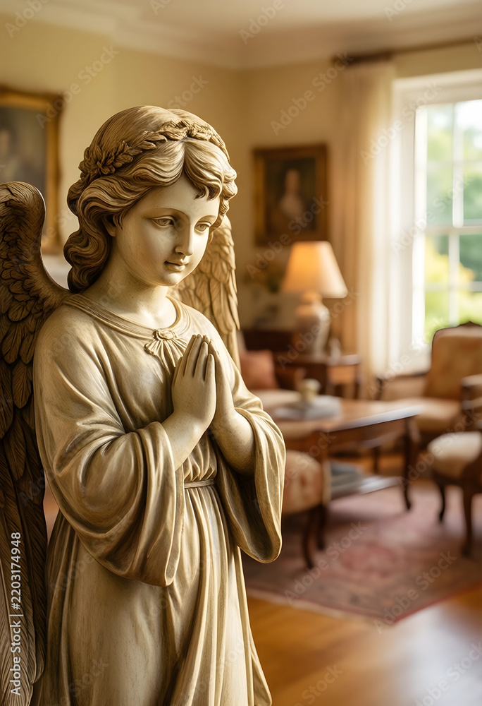 Fototapeta premium Spirituality and faith concept, praying angel statue with folded hands in a peaceful home interior for religious meditation and mindfulness reflection