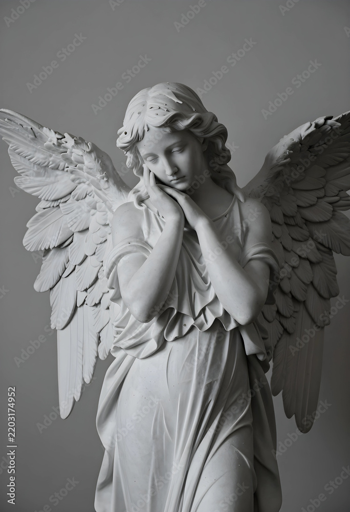 Fototapeta premium Grief and mourning concept, stone angel statue with hands on face in prayer or sorrow, religious sculpture for funeral and memorial service themes