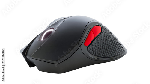 Isolated black gaming mouse with red side buttons and glowing scroll wheel on clean surface