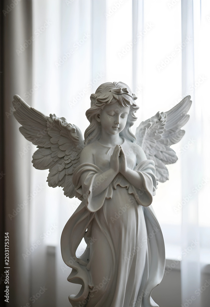 Obraz premium Spirituality and faith concept white angel statue with praying hands for religious peace hope and divine protection in a soft light indoor setting