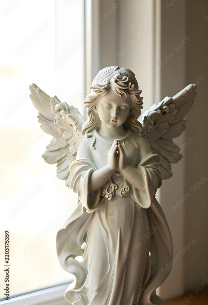 Fototapeta premium Spirituality and peace praying angel statue with folded hands for religious comfort hope and divine guidance in a serene home interior setting