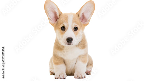 Isolated adorable Pembroke Welsh Corgi puppy sitting and looking straight ahead, charming pet portrait
