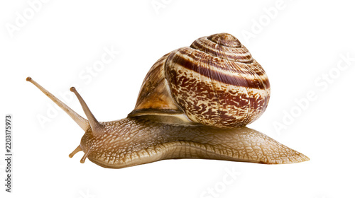 Obraz na plátně Isolated common garden snail with a detailed brown striped spiral shell crawling
