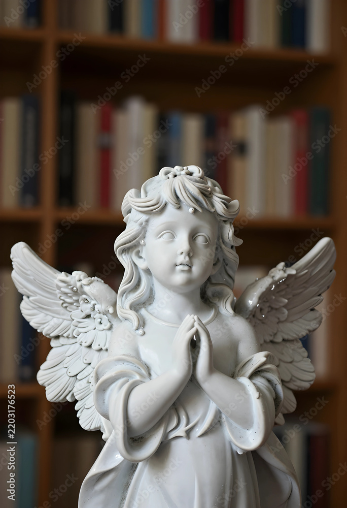 Fototapeta premium Spirituality and faith concept, small angel statue with praying hands in a library, religious devotion and peace in a quiet home environment