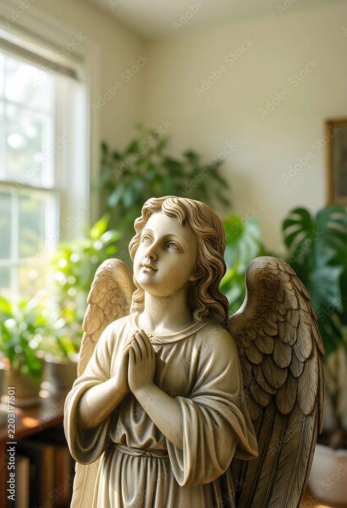 Fototapeta premium Spirituality and faith concept, stone angel statue with hands in prayer position, hope and peace in a home interior with soft natural window light