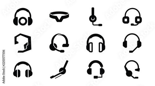 Various stylized headphones and audio equipment icons with transparent background