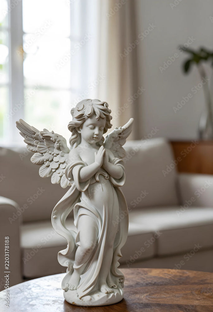 Obraz premium Spirituality and peace, small angel statue with praying hands for religious home decor and meditation, serene cherub figurine on a wooden table in living room