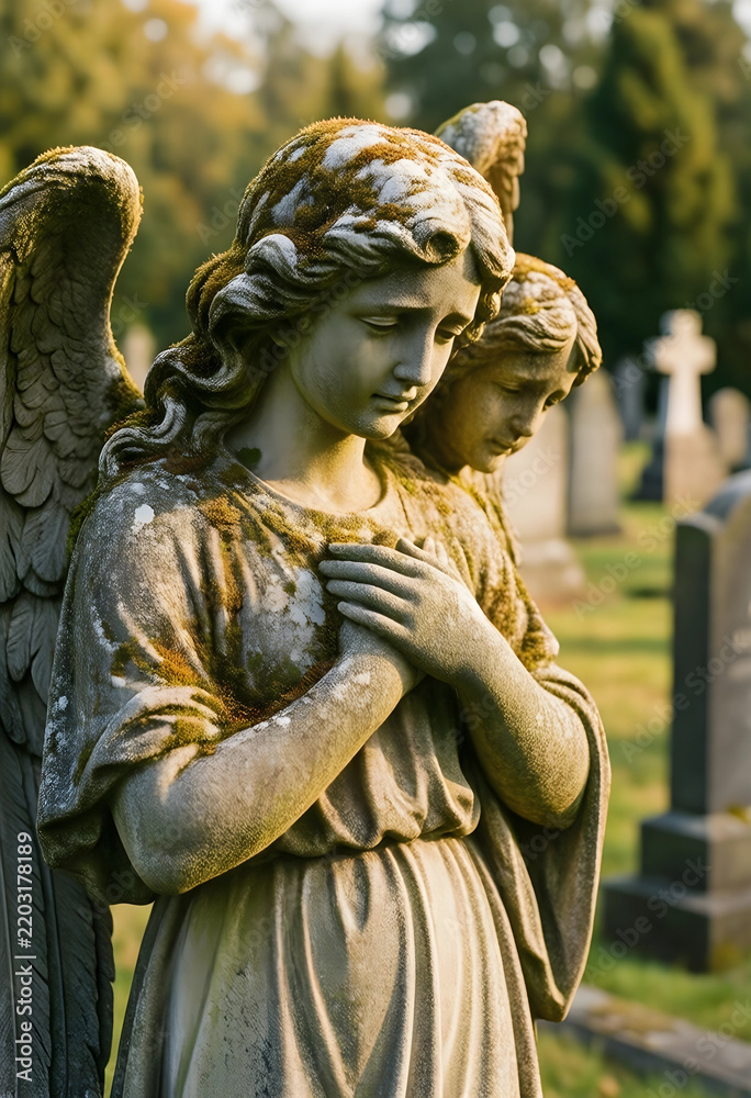 Obraz premium Grief and mourning concept, weathered stone angel statue with hands on chest in a peaceful cemetery at sunset for funeral and memorial services
