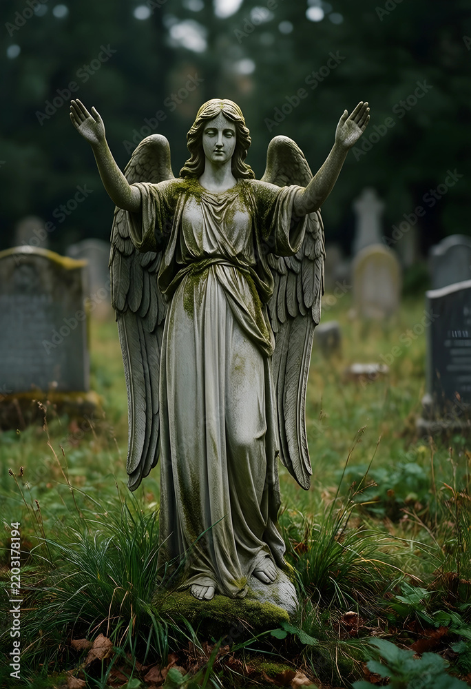 Fototapeta premium Grief and mourning concept, stone angel statue with raised arms in a peaceful cemetery, memorial and remembrance for loss in a quiet graveyard setting