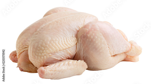 Isolated fresh whole raw chicken carcass, uncooked poultry meat, a healthy food ingredient