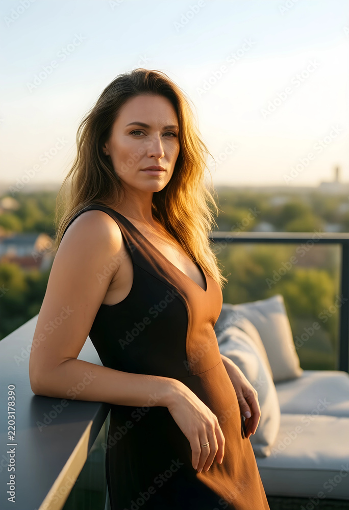 Fototapeta premium Self-care and wellness, woman relaxing on a rooftop terrace at sunset enjoying a peaceful moment of reflection and mindfulness in an urban environment