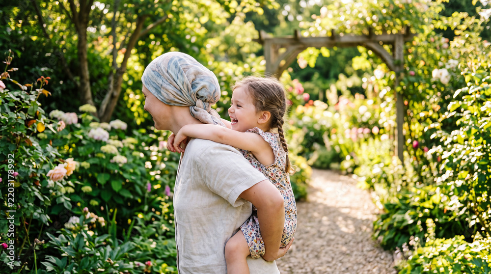 Fototapeta premium Mother in a soft headscarf carrying her laughing daughter on her back through a bright sunny garden, seen from the side with faces gently out of frame, faceless composition, healthcare journ