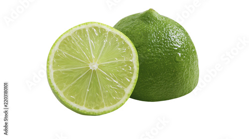 Isolated fresh green lime fruit cut in half with juicy segments and another whole citrus.