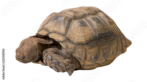 Isolated majestic African spurred tortoise showcasing its patterned shell and rugged skin