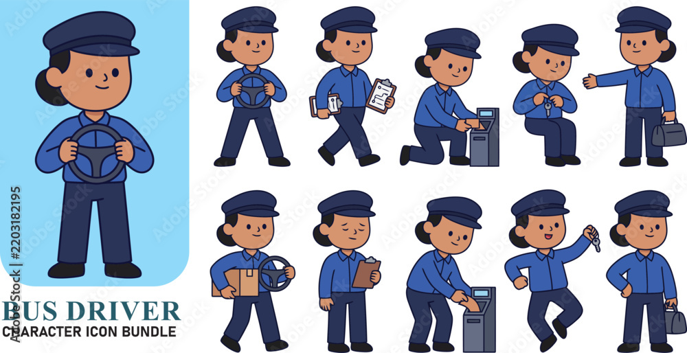 Fototapeta premium Delightful cartoon illustrations feature a friendly smiling police officer depicted in a variety of poses and actions perfect for kids media projects