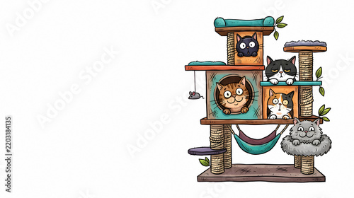 Cartoon cats playing on multilevel cat tree tower