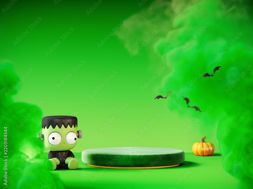 Naklejka premium Halloween greeting card design with empty podium for product presentation. 3D Rendering, 3D Illustration