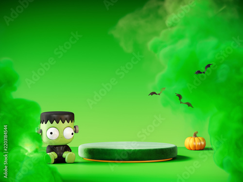Halloween greeting card design with empty podium for product presentation. 3D Rendering, 3D Illustration