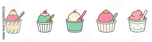 Hand Drawn Ice Cream Cup Set with Spoon Cute Food Doodle Vector Illustration