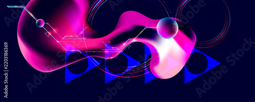 Dark retro futuristic glitch circle with blue and pink glows cyberpunk elements abstraction background cosmos synthwave vaporwave retrowave
