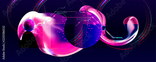 Dark retro futuristic glitch circle with blue and pink glows cyberpunk elements abstraction background cosmos synthwave vaporwave retrowave