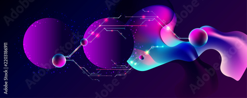 Dark retro futuristic glitch circle with blue and pink glows cyberpunk elements abstraction background cosmos synthwave vaporwave retrowave