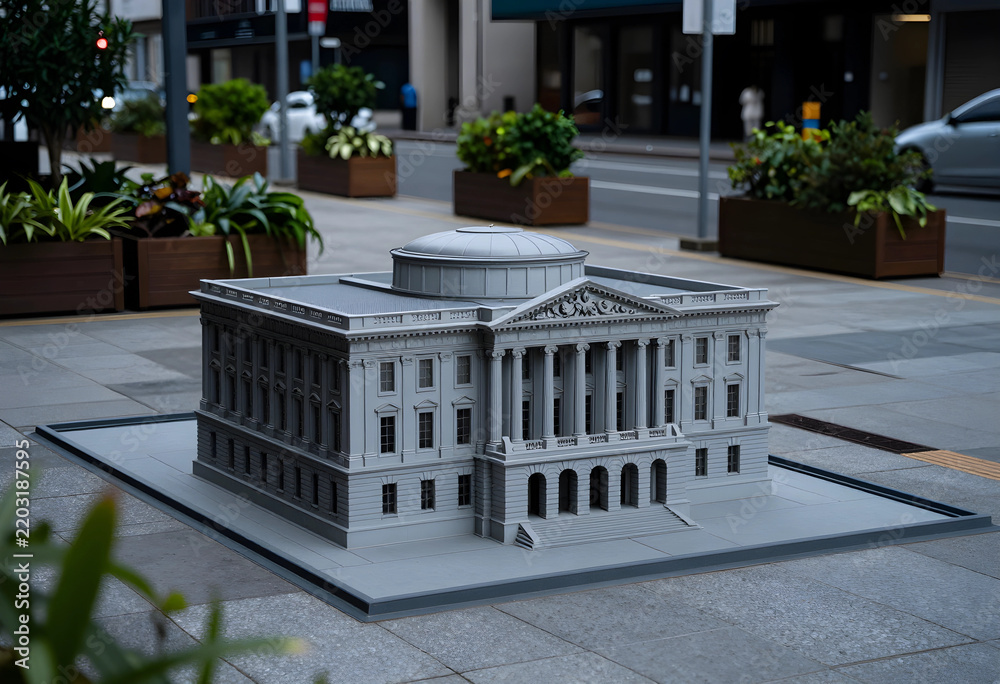 Obraz premium Urban planning and real estate development, architectural model of a neoclassical government building placed on a city sidewalk for public consultation