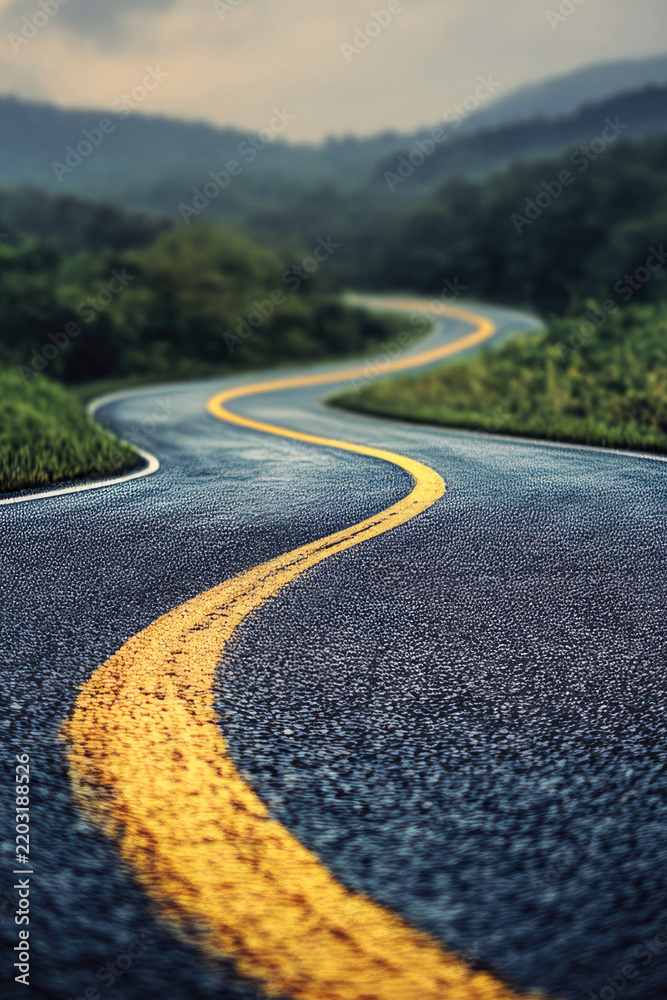 Obraz premium vertical frame A winding road with a yellow line marking the edge, suitable for use in travel or adventure images