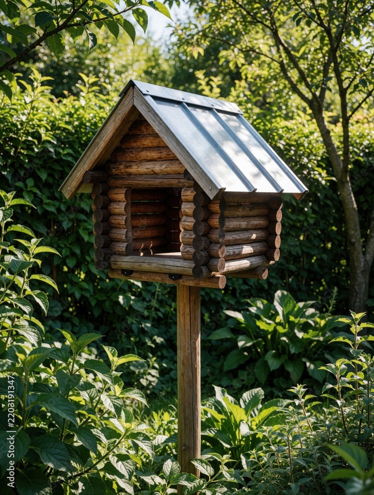 Fototapeta premium Rustic wooden bird house feeder stands on tall pole in green garden. Small log cabin style birdhouse with metal roof sits among summer leaves. Natural backyard decoration for attracting wild birds to