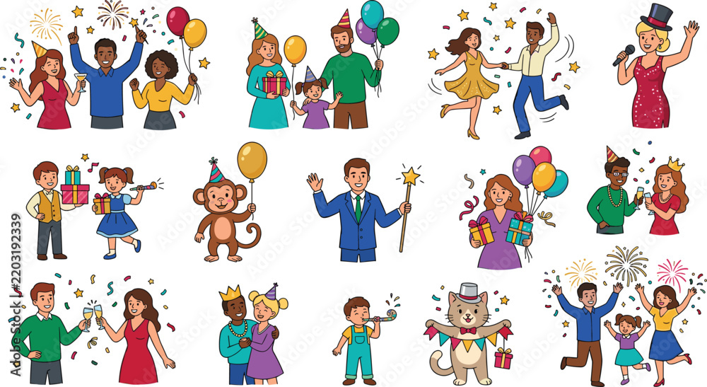 Fototapeta premium Festive Celebration Character Vector Set with Diverse People, Families, Children, Balloons, Gifts, Confetti, Party Hats, and Fireworks