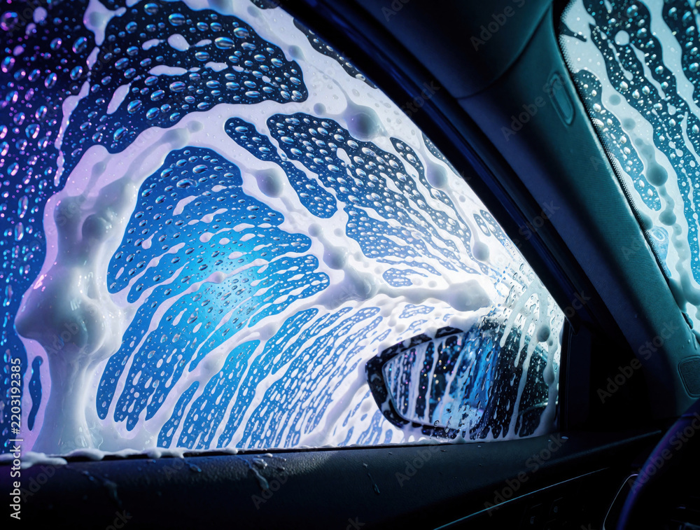 Fototapeta premium Close up view from inside car during automatic wash. White soap bubbles, foam cover windows with blue light. Cleaning process at auto carwash station uses detergent to wash dirty vehicle surface in