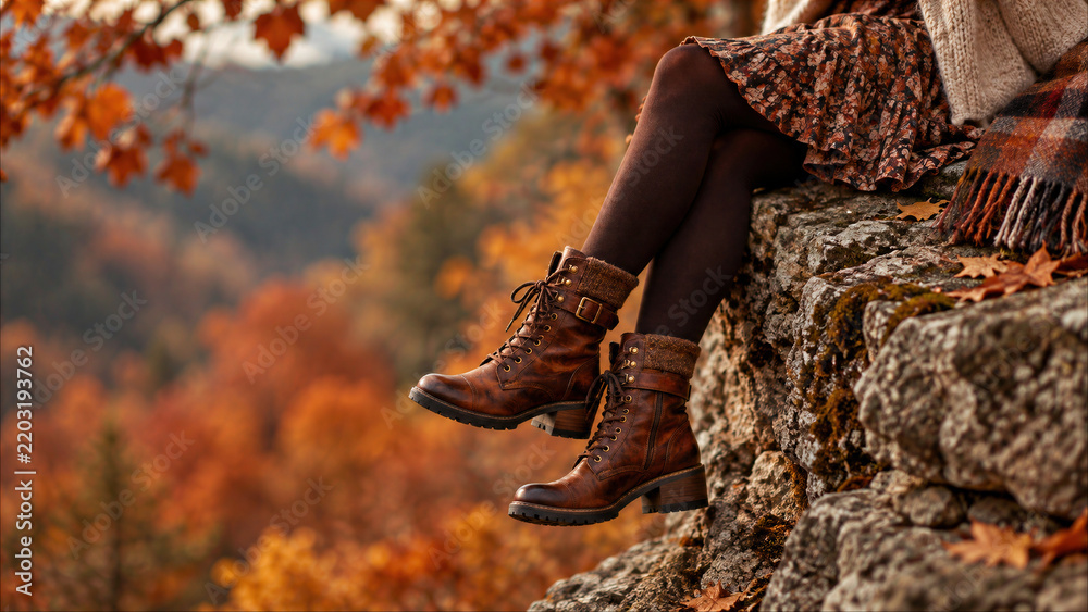 Obraz premium Close-up of woman's legs in brown leather lace-up boots and tights sitting on a stone ledge surrounded by vibrant autumn foliage and fall colors in a mountain landscape.