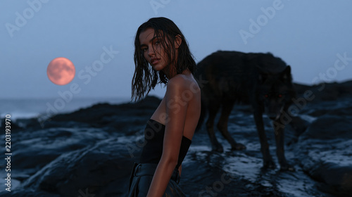 woman and black wolf beneath a crimson moon