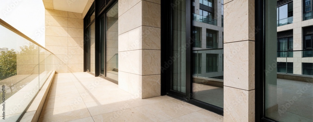 Fototapeta premium Empty modern balcony with beige stone tiles, black window frames in luxury apartment. Minimalist terrace design offers copy space for text. Sunny residential loggia overlooks city buildings with